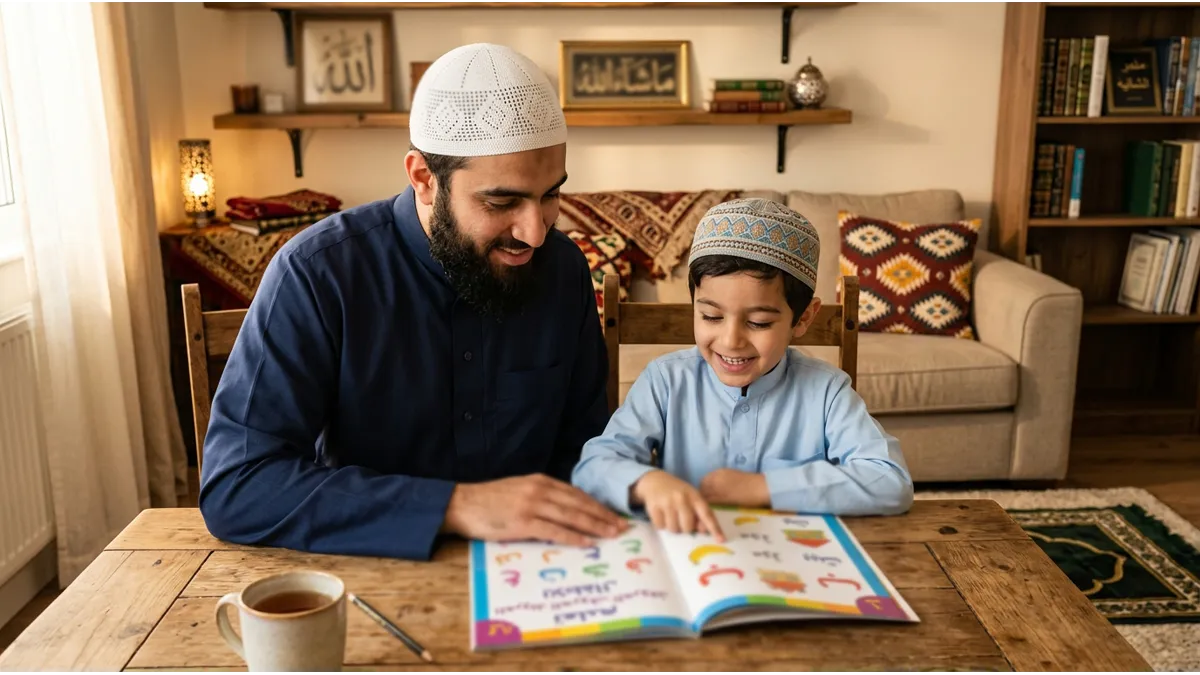 Un père musulman aide son fils pour sa routine d'arabe pour enfant à la maison avec un livre illustré.
