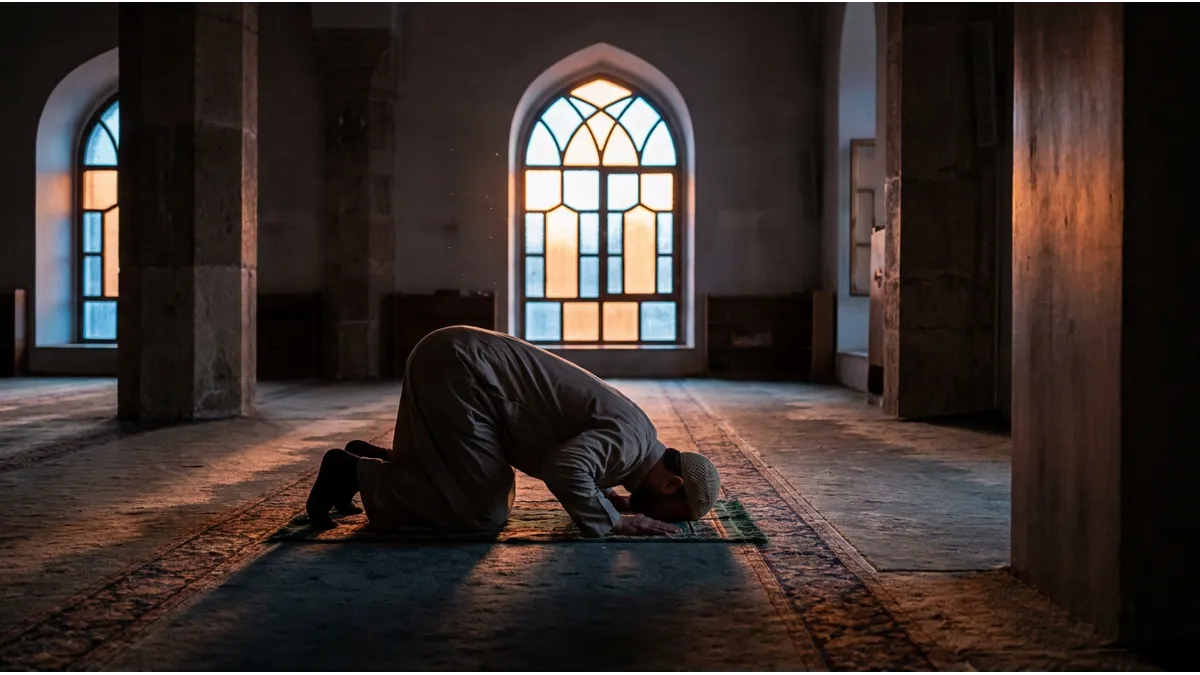 Un homme musulman accomplissant la prière du fajr dans une ambiance matinale sereine