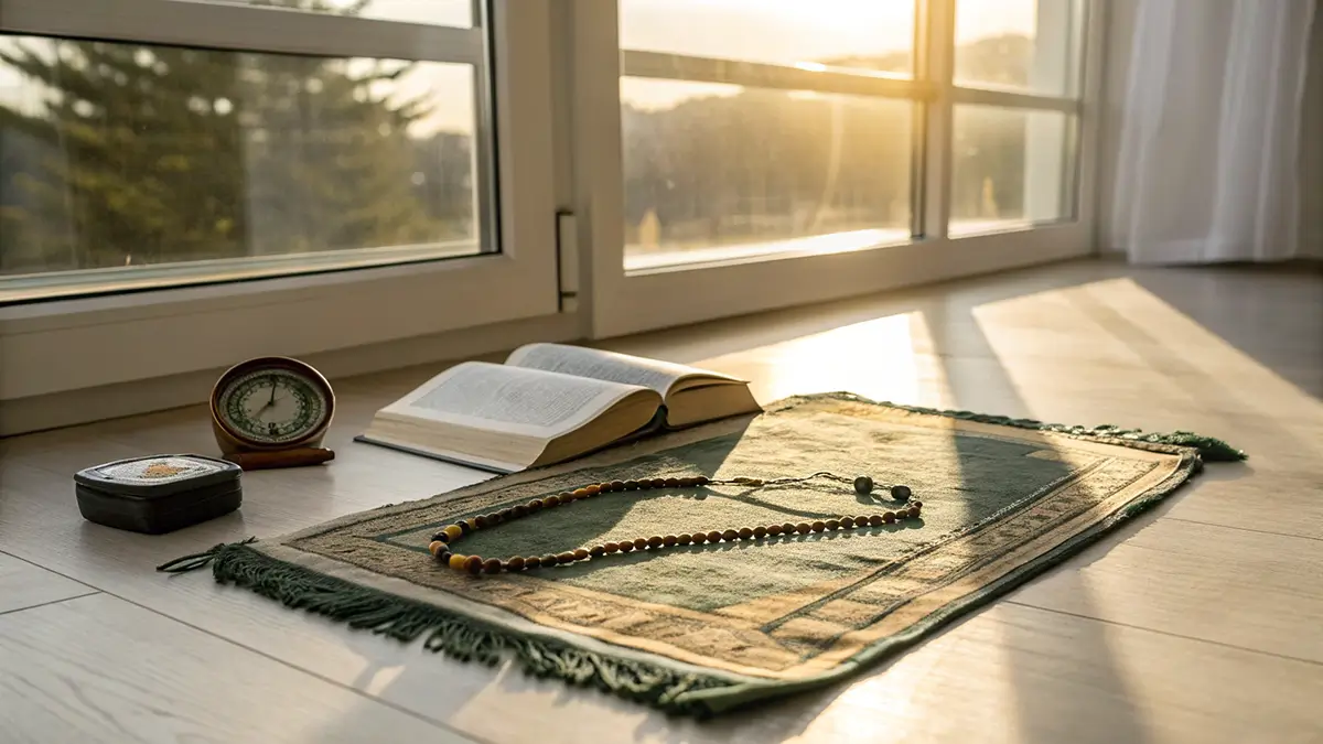 Tapis de prière pour la salat dans un coin calme, lumière douce et ambiance sereine.