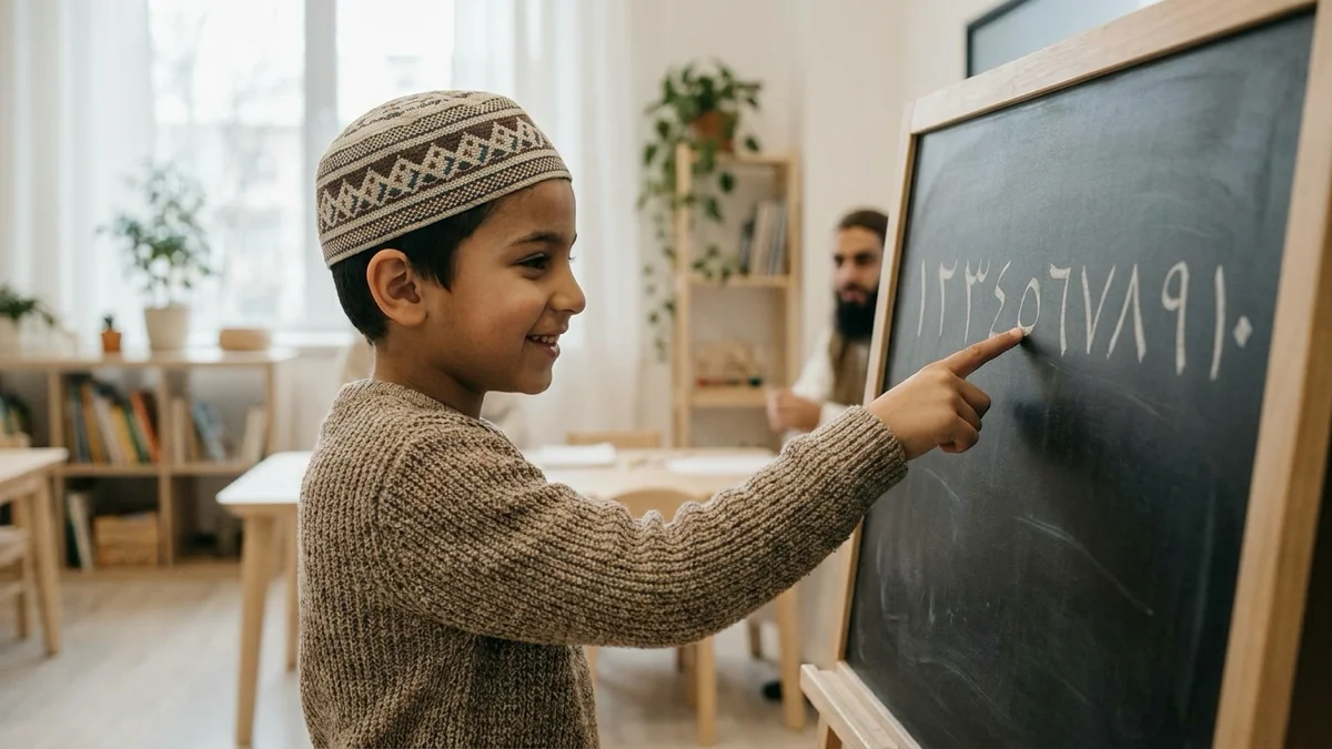 Un jeune garçon souriant qui apprend les chiffres en arabe dans une salle de classe.