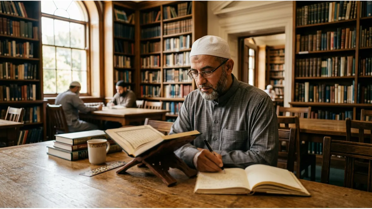Un homme musulman assis dans une bibliothèque utilisant la répétition pour apprendre l'arabe et Coran.