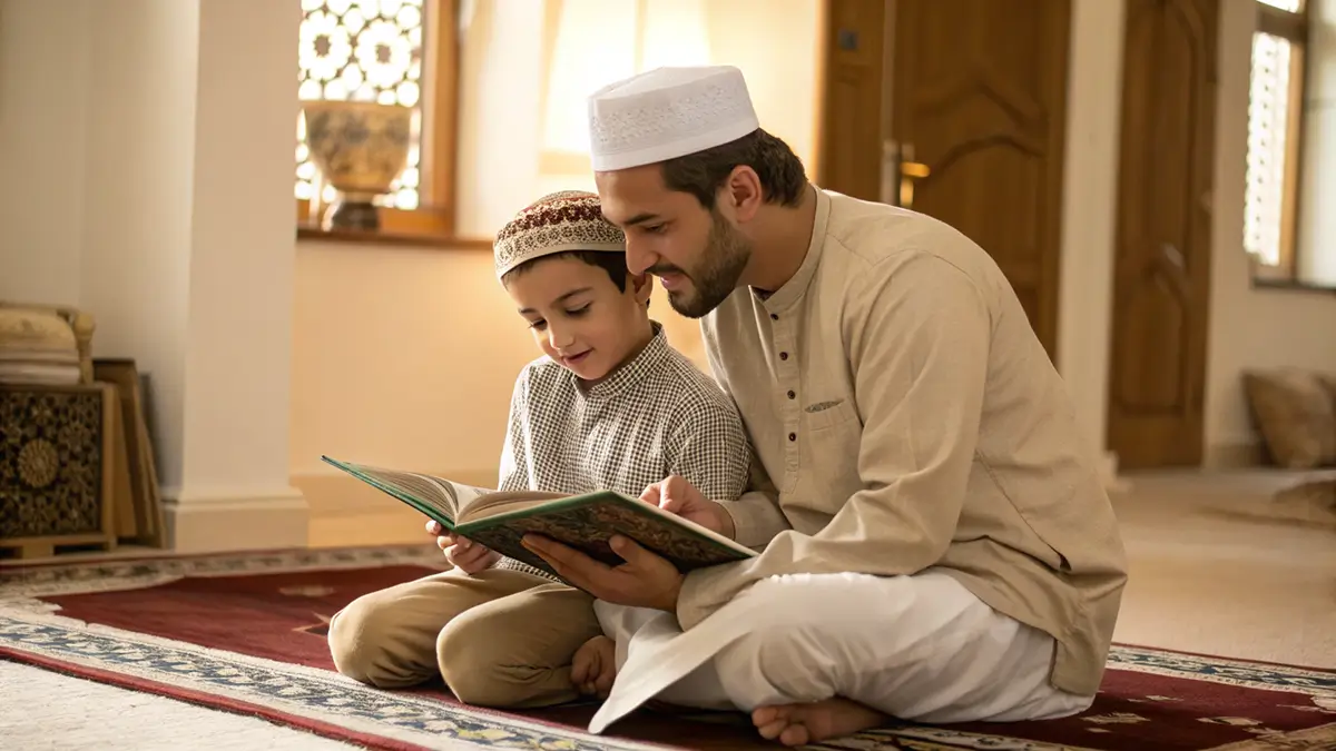 Un père et son fils lisent le Coran ensemble assis sur un tapis de prière.