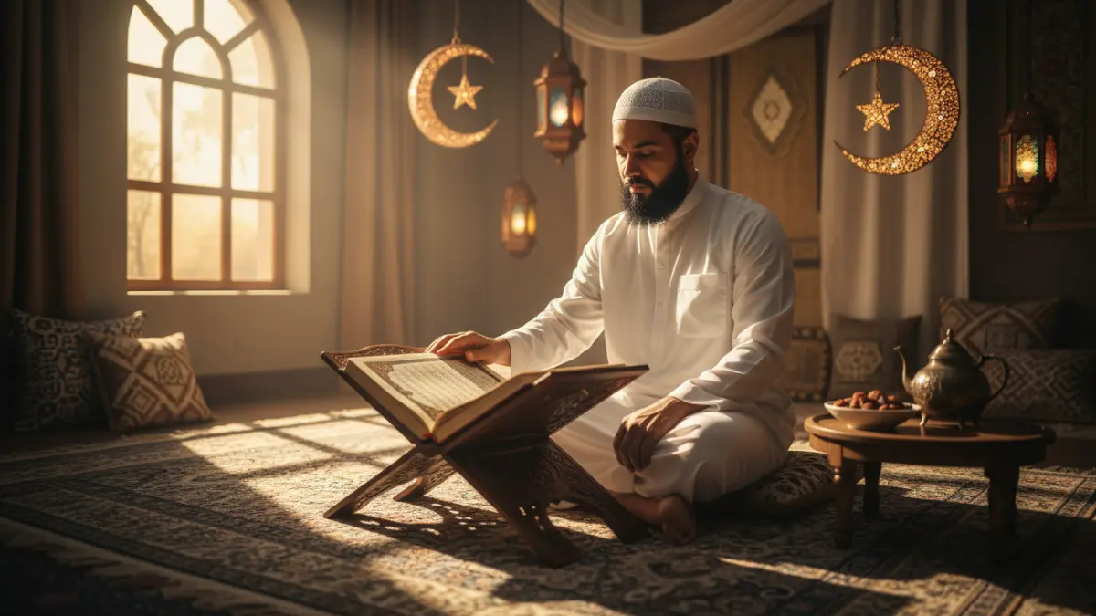 Un homme musulman assis dans une ambiance chaleureuse pour terminer le Coran