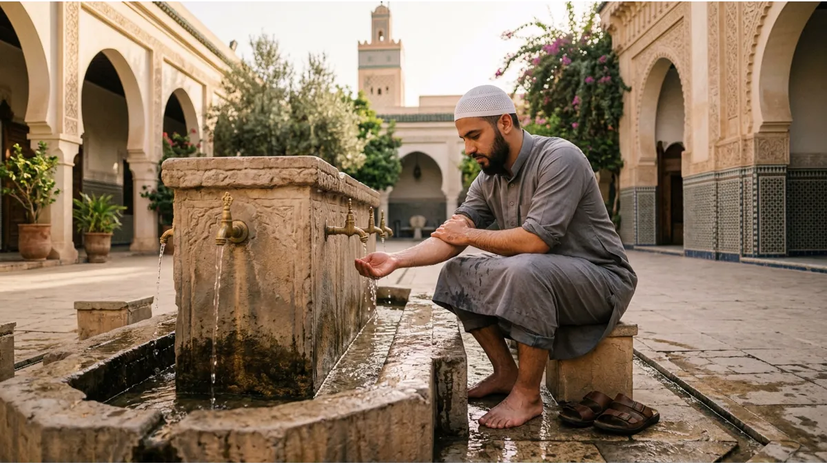 Un homme musulman apprenant comment faire les ablutions avec de l'eau claire dans une ambiance sereine.