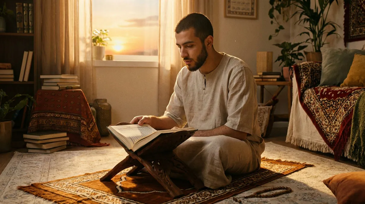 Un homme musulman concentré pour lire le Coran en entier pendant le Ramadan 2026 dans une ambiance chaleureuse.