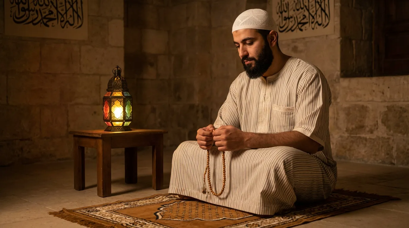 Un homme musulman en pleine prière nocturne pour bien finir Ramadan dans une ambiance chaleureuse.