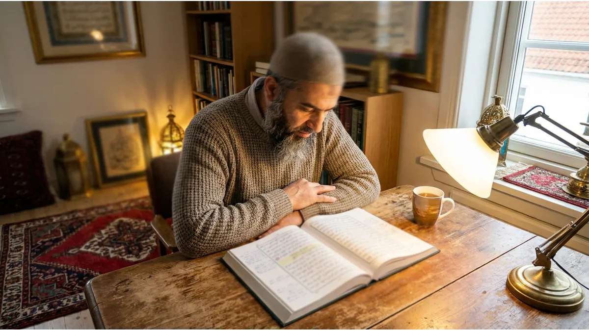 Un homme assis à un bureau en bois étudiant les lettres arabes difficiles pour les francophones dans un livre.