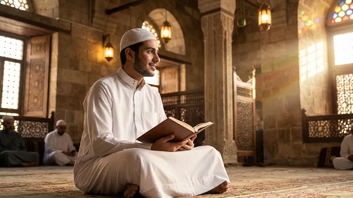 Un homme musulman récitant la sourate An-Nas pour la protection spirituelle