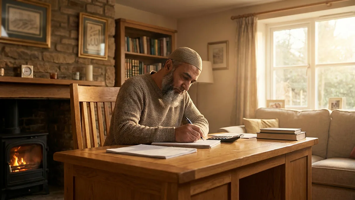 Un homme musulman utilise une calculatrice pour déterminer sa Zakat al Maal