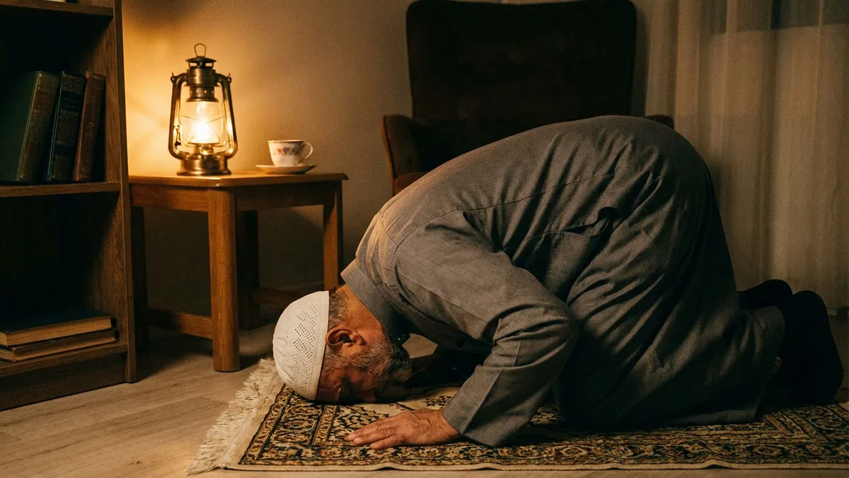 Un homme en prière nocturne pour le Qiyam al layl pendant Ramadan dans une ambiance chaleureuse