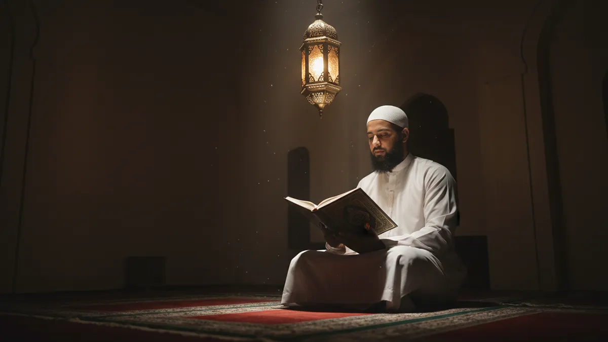 Un homme musulman lisant le Coran avec ferveur pendant Laylat al-Qadr