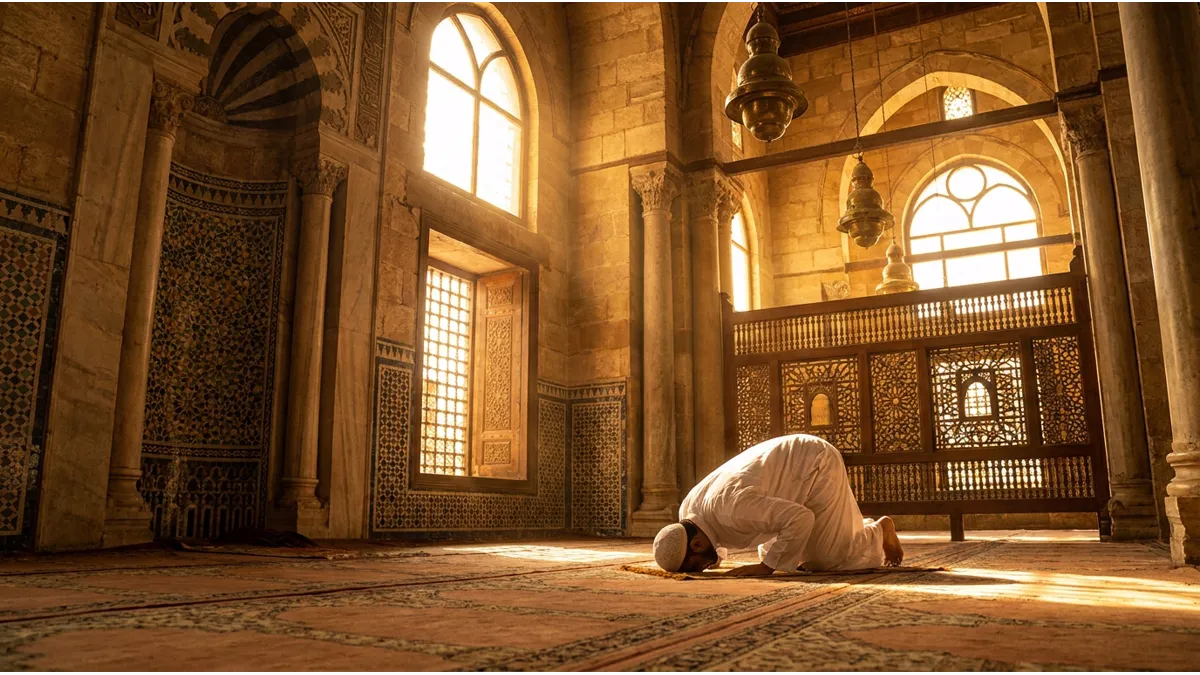 Un homme musulman accomplissant des prières surérogatoires avec dévotion dans une mosquée
