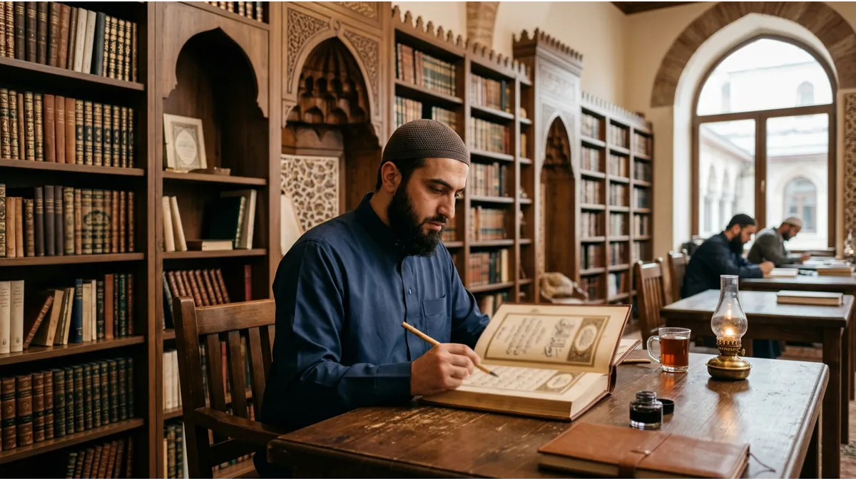Un homme étudiant les jours de la semaine en arabe dans une bibliothèque chaleureuse