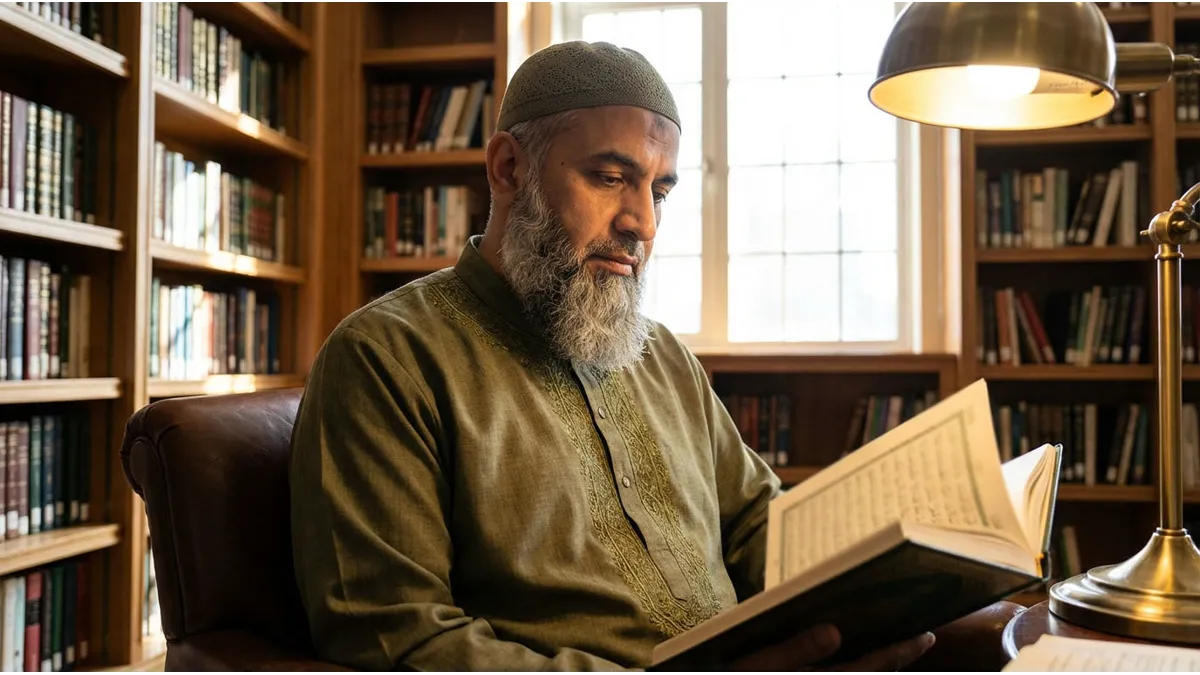 Un homme musulman concentré pour apprendre à lire l'arabe dans une ambiance chaleureuse