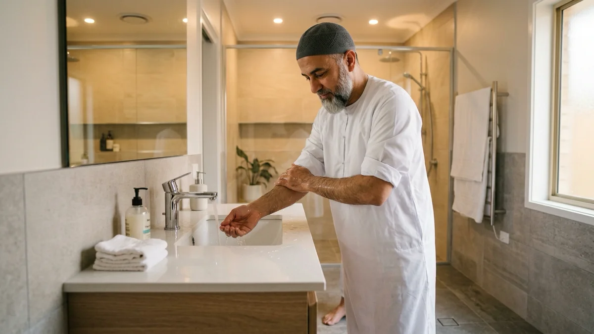 Comment faire le ghusl : un homme musulman se préparant sereinement pour sa purification