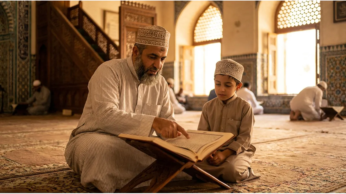 Un homme enseignant les Mutashabihât du Coran à un jeune garçon dans une mosquée lumineuse.